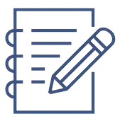 A blue linear vector icon of a spiral-bound notebook with a pencil positioned diagonally over the page as if writing.