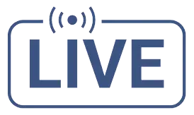 A navy blue vector icon featuring the word "LIVE" in bold capital letters inside a rounded rectangular frame, topped with a radio signal or transmission symbol.