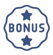 A blue vector icon featuring the word "BONUS" in bold capital letters, flanked by two stars above and below, all enclosed within a wavy, badge-like circular border.