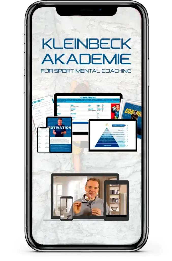 Smartphone displaying the Kleinbeck Akademie logo surrounded by digital devices showing coaching videos and training documents.