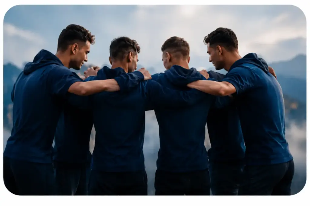 A sports team huddling together before a game.