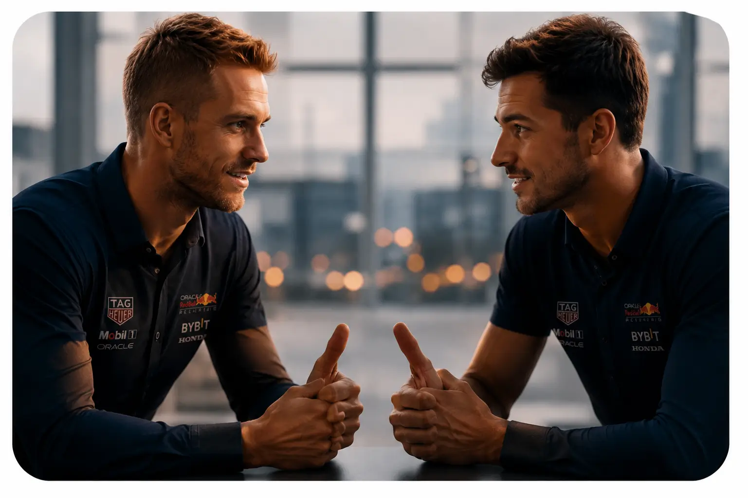 Two motorsport athletes discussing mental training under pressure.