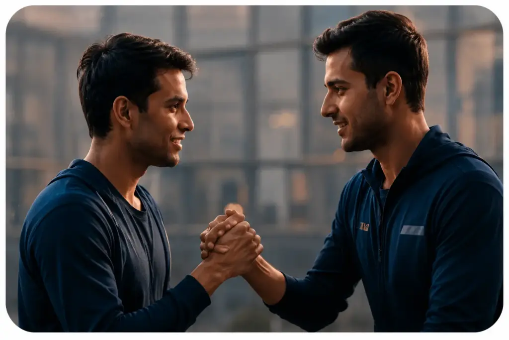 Two athletes smiling and shaking hands in mutual support.
