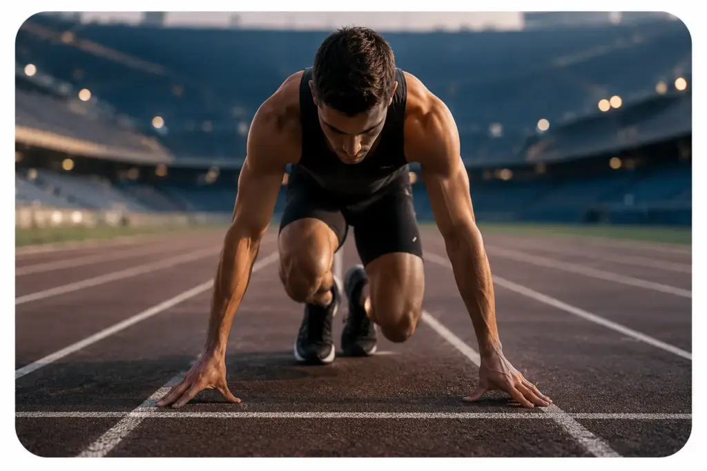 A track runner in the starting blocks preparing to sprint.