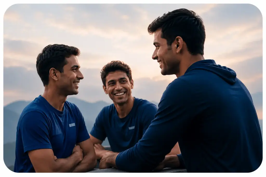 Three athletes smiling and talking together outdoors in mountains