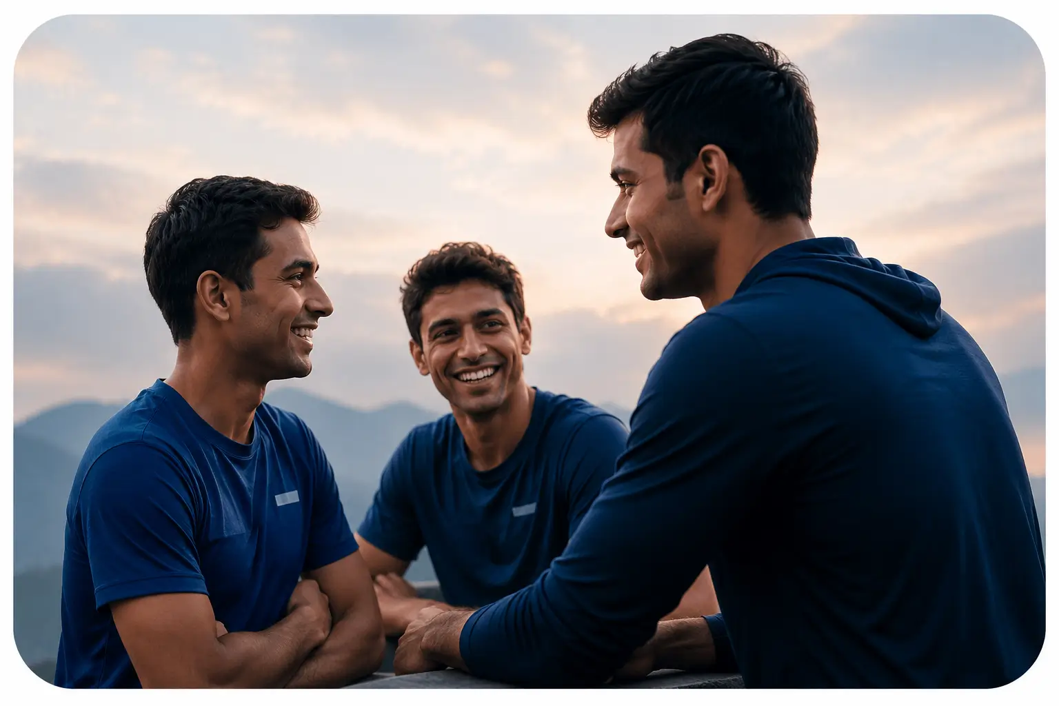 Three athletes smiling and talking together outdoors in mountains
