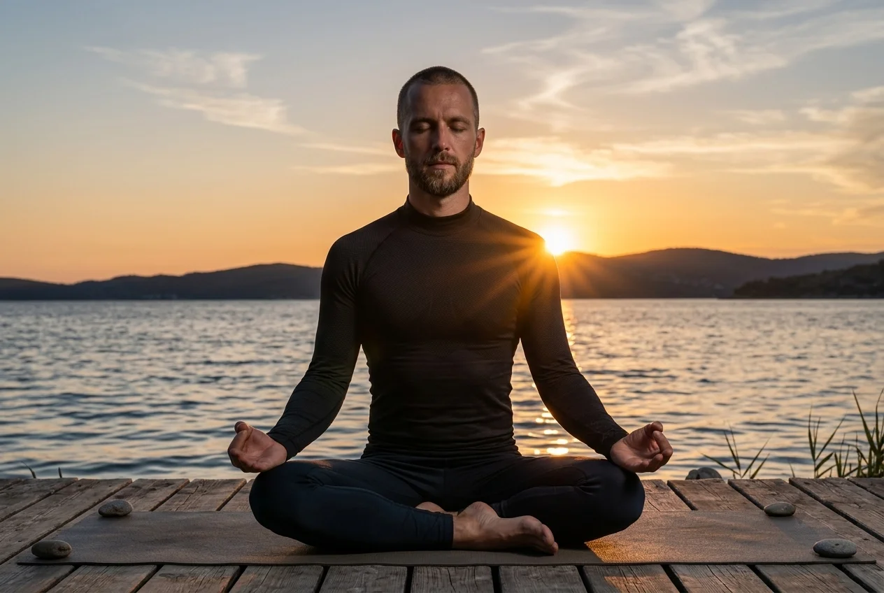 Athlete practicing mental focus and meditation by the water