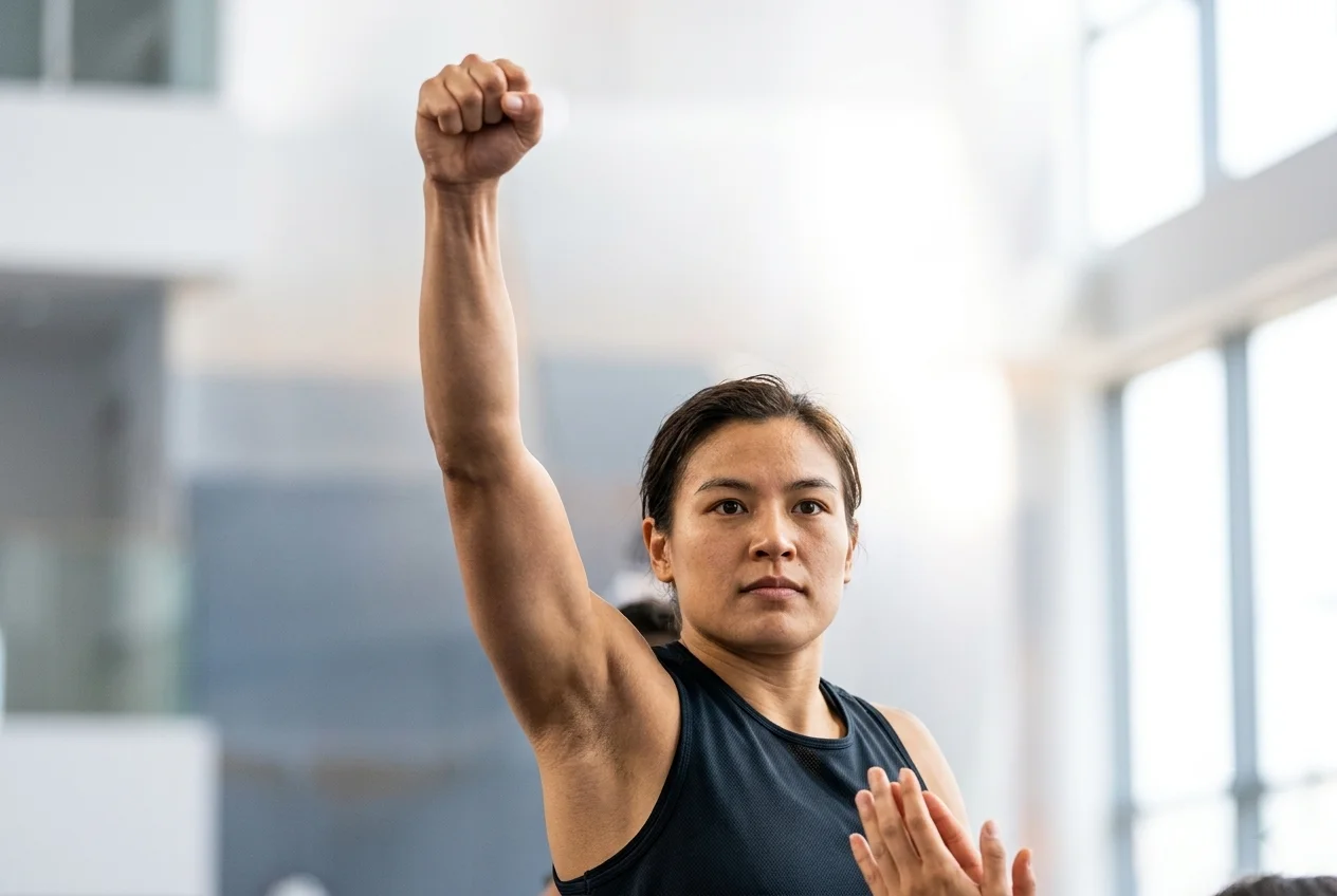 Female athlete raising her fist in a gesture of triumph and motivation