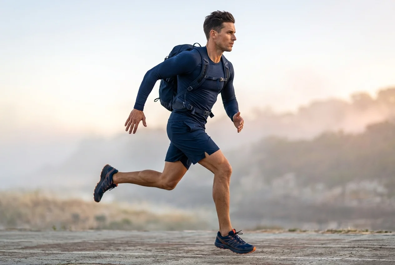 Male athlete running in athletic gear with a backpack to symbolize endurance training